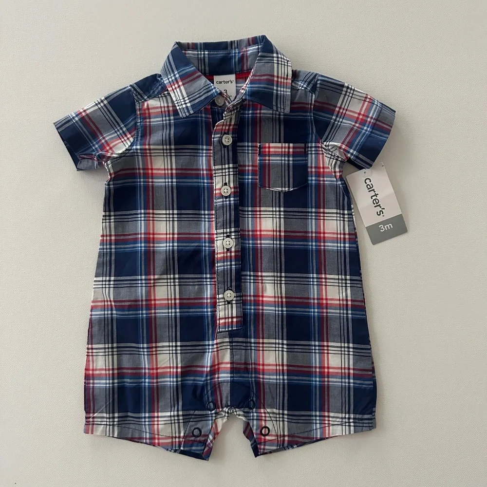 Carter’s 3 Months Baby Boy July 4th Plaid Romper Blue Red White NWT Patriotic